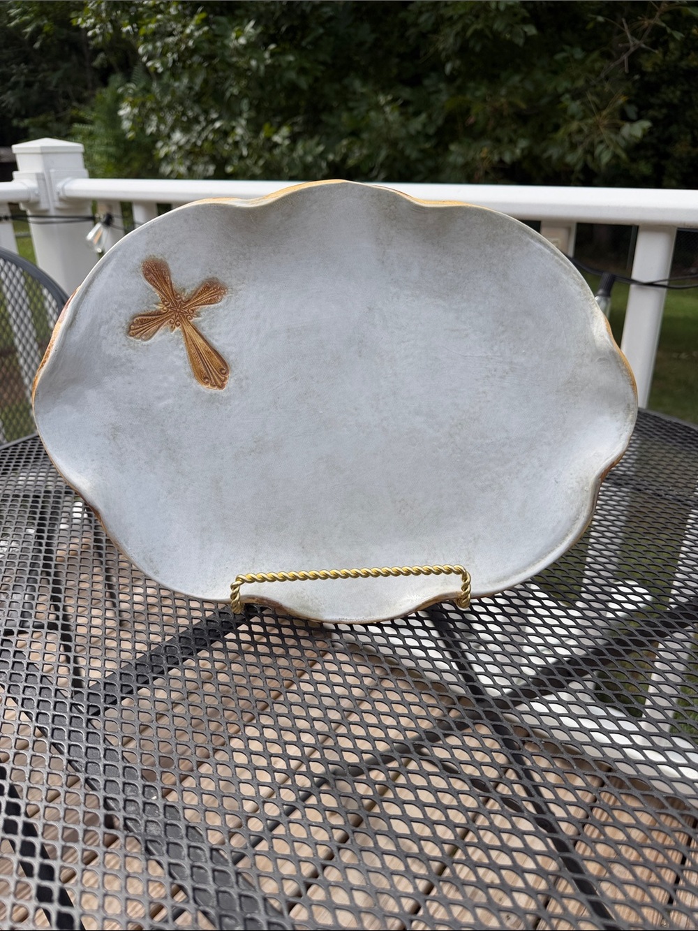 Gold-Trim White Ceramic Serving Platter with Cross Accent